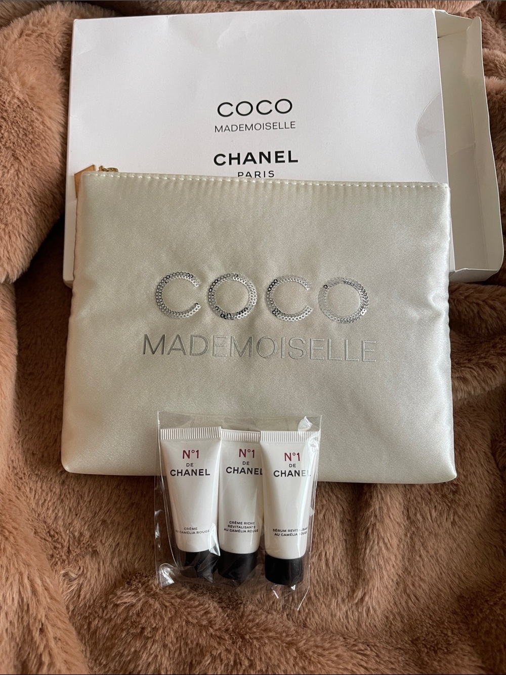 CHANEL Satin COCO Mademoiselle Pouch in Pearl Silver